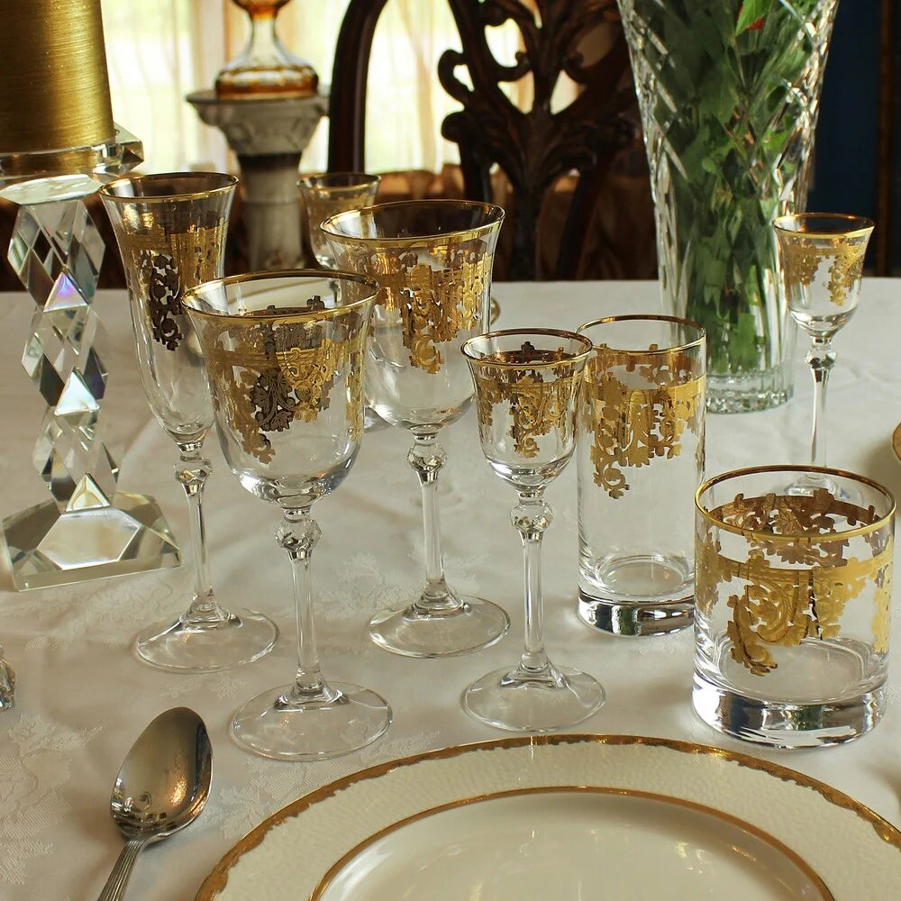 24K Gold Embellished Crystal Highball Tumblers, Set Of 4, 11 oz - Made In Italy