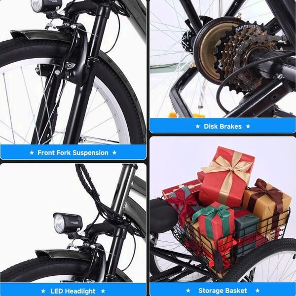26 Inch Adult 3 Wheel Electric Tricycle with Basket, Fat Tires,7 Speeds,350W Powerful Motor, 36V 10Ah Removable Battery Dark Gray