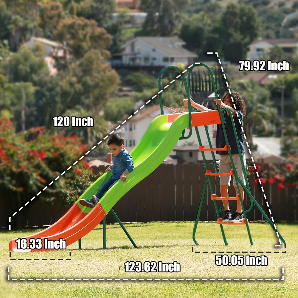 PLATPORTS Outdoor Playground Slide, 10 Ft, 123.59 in L x 58.5 in W x 60.45 in H, Orange/Green, Ages 4-8