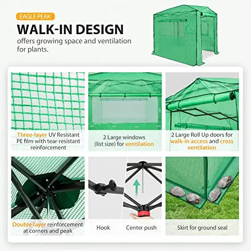 EAGLE PEAK Portable Heavy-Duty Walk-In Pop-Up Greenhouse, 8 x 6 ft