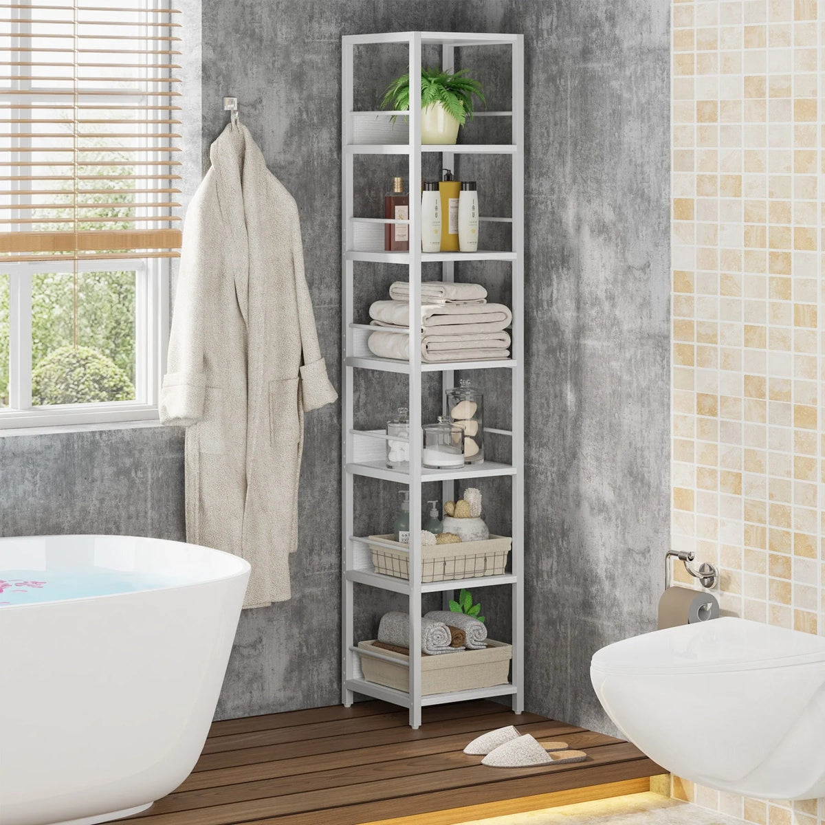 75 Inch Tall Narrow Corner Shelf, 6-Tier Etagere Storage Rack, 13.4 Inch W x 13.3 Inch D x 74.8 Inch H