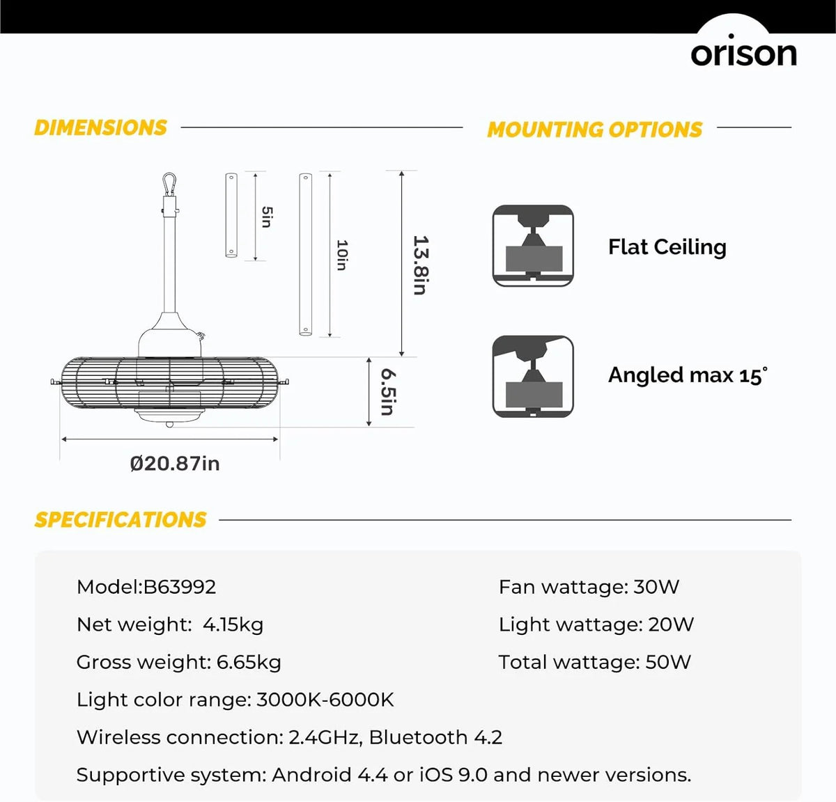 Orison Outdoor Plug-In Ceiling Fan With Light, Yellow, 21in D x 21in W x 10in H - B63992