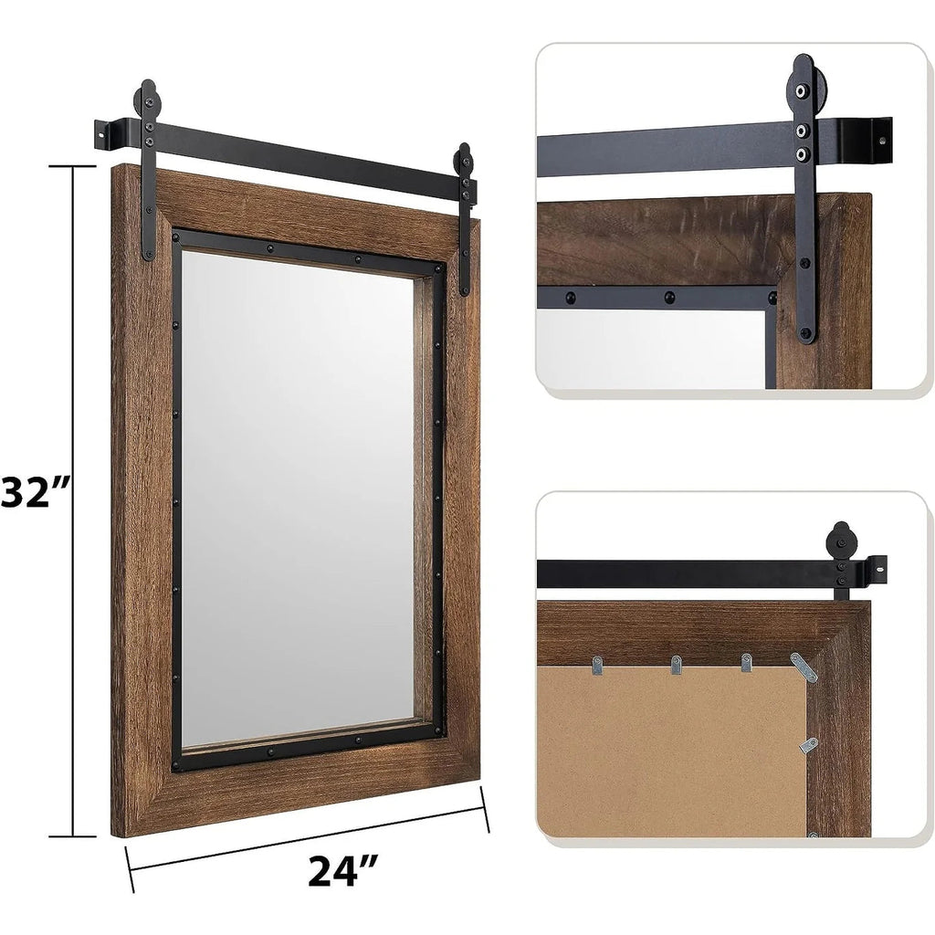 Farmhouse Barn Door Style Bathroom Vanity Mirror, Natural Wood, 24in W x 32in H x 1.25in D to 48in W x 30in H x 1.25in D