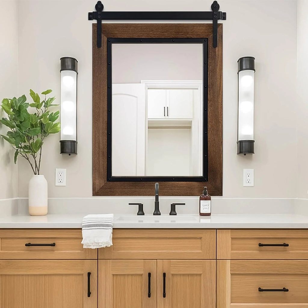 Farmhouse Barn Door Style Bathroom Vanity Mirror, Natural Wood, 24in W x 32in H x 1.25in D to 48in W x 30in H x 1.25in D