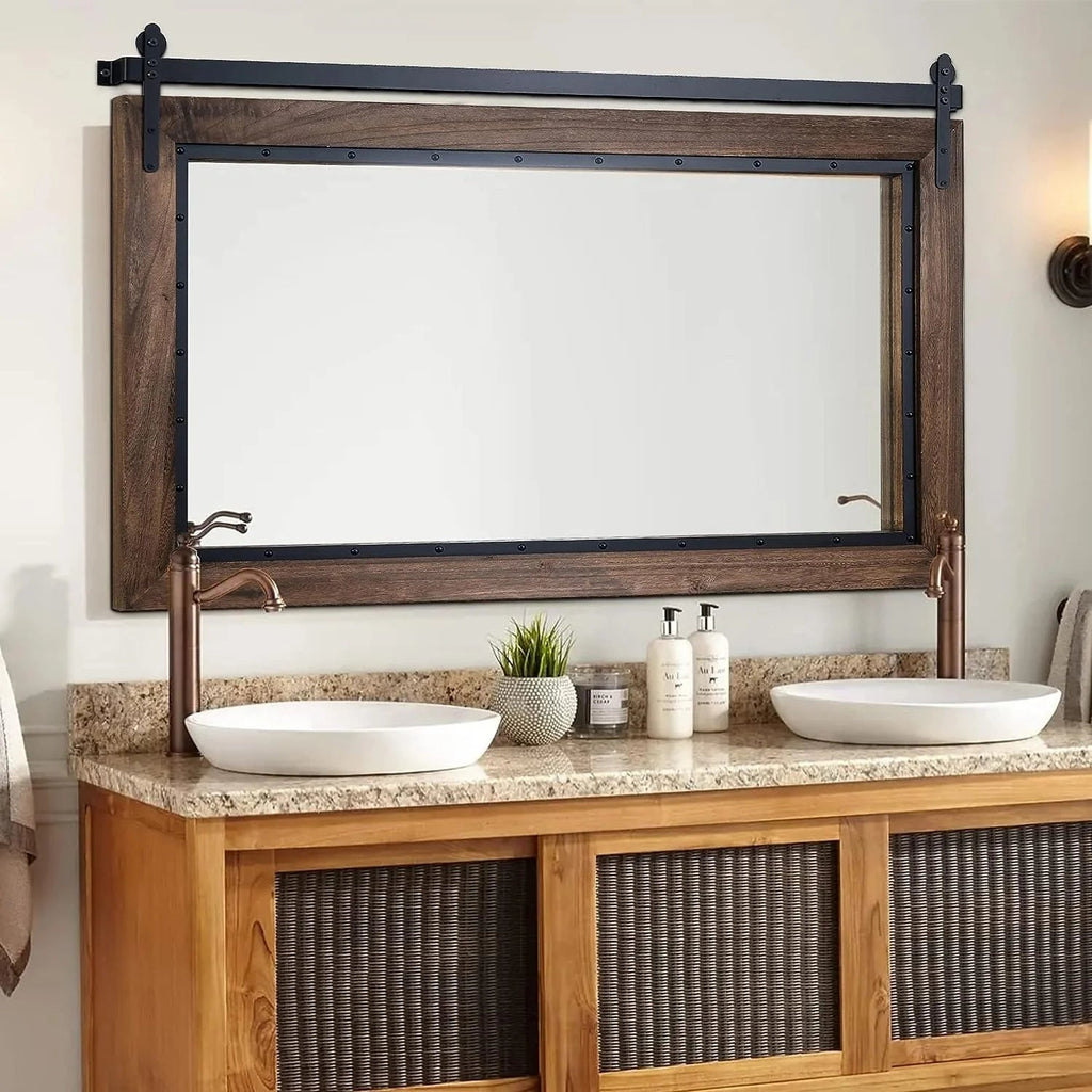 Farmhouse Barn Door Style Bathroom Vanity Mirror, Natural Wood, 24in W x 32in H x 1.25in D to 48in W x 30in H x 1.25in D
