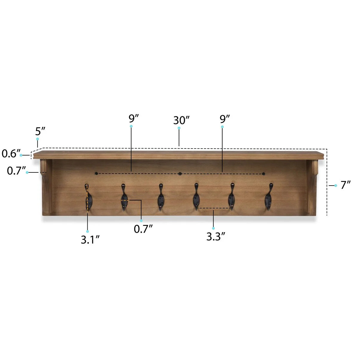 Wood Wall-Mounted Key Holder With Shelf, Mail Organizer And Large Coat Hooks