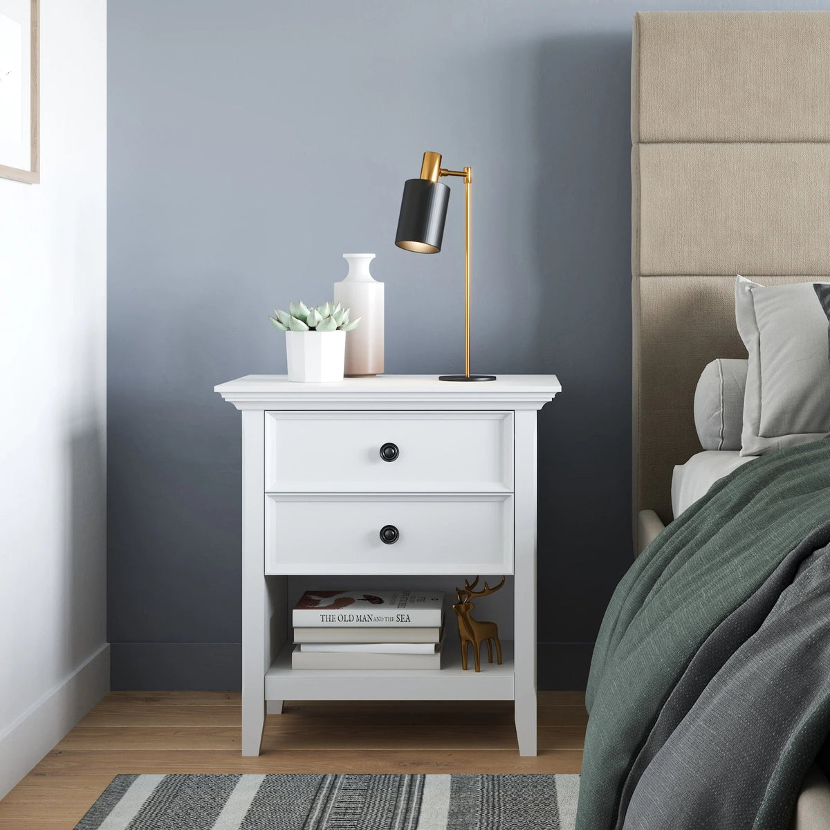 Solid Wood Nightstand With 2 Drawers And Open Shelf, 16 in D x 24 in W x 26 in H