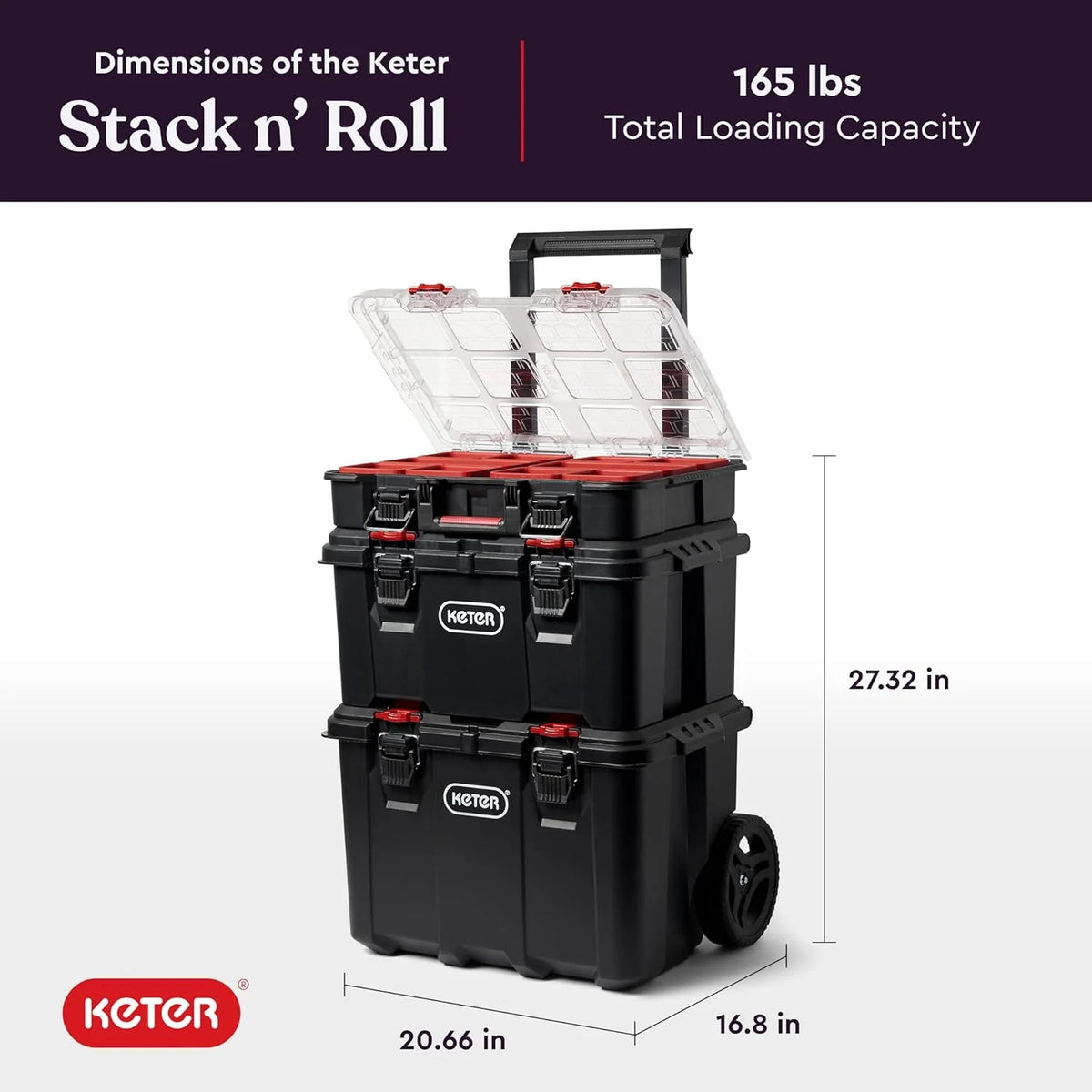 Keter Rolling Tool Box System, 3 Piece, Black/Red - 3 Piece Resin Modular Toolbox System