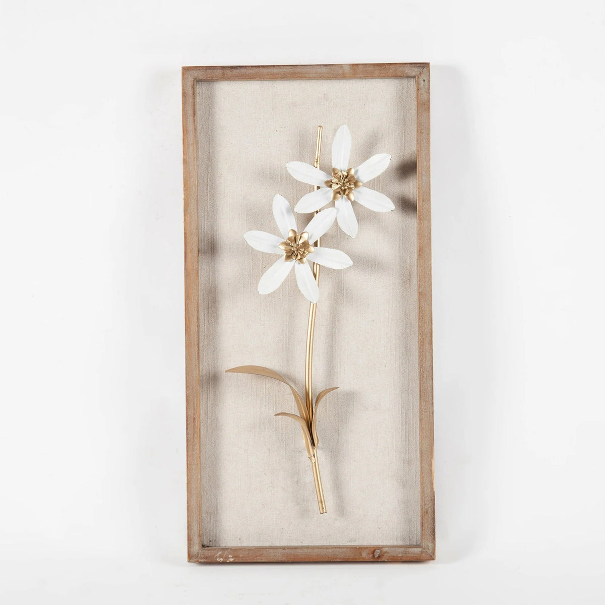 Metal Flower Wall Decor With Wood Frames, White And Gold, Set Of 2 - 23.6in H x 11.81in W x 1.2in D