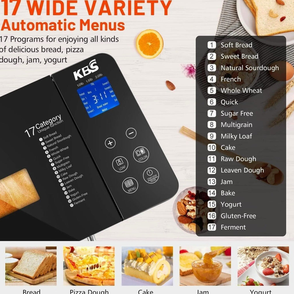 KBS 17-in-1 Stainless Steel Bread Machine with Dual Heaters