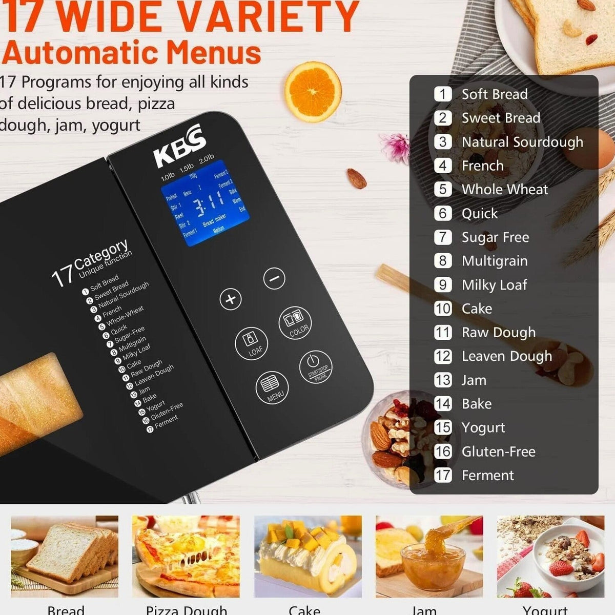 KBS 17-in-1 Stainless Steel Bread Machine with Dual Heaters