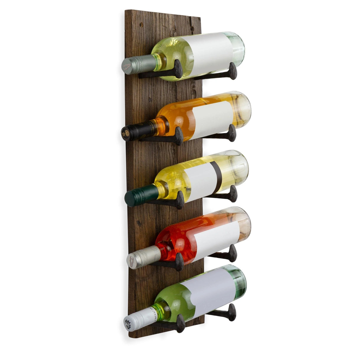 5 Bottle Wood Wall-Mounted Wine Rack, Walnut, 24in W - 10 Cast Iron Hooks