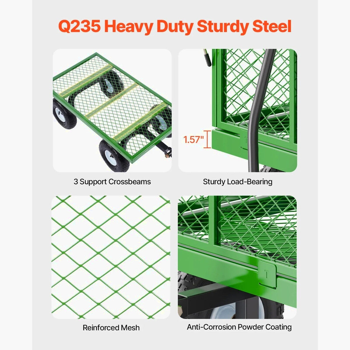 KFFKFF Mesh Steel Garden Cart 900 Lbs, 38 x 22 " Heavy Duty Utility Wagon Cart, Metal Garden Trolley with 10" Wheels, Removable Mesh Sides, 180 Swiveling Handle (Green)