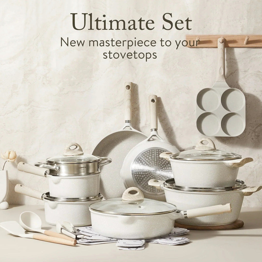 Non Stick Pots and Pans Set, 21 Pcs Induction Kitchen Cookware Sets (Beige Granite)
