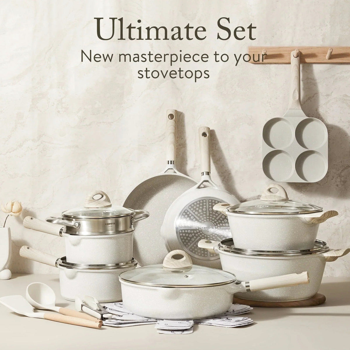 Non Stick Pots and Pans Set, 21 Pcs Induction Kitchen Cookware Sets (Beige Granite)