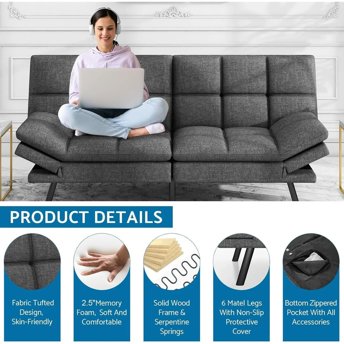 Convertible Futon Sofa Bed With Memory Foam, 71in