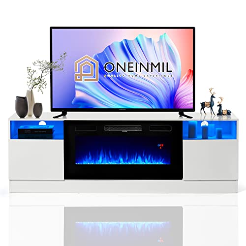 Oneinmil Fireplace TV Stand, 70in L x 13.8in W x 23in H, White - 36in Electric Fireplace