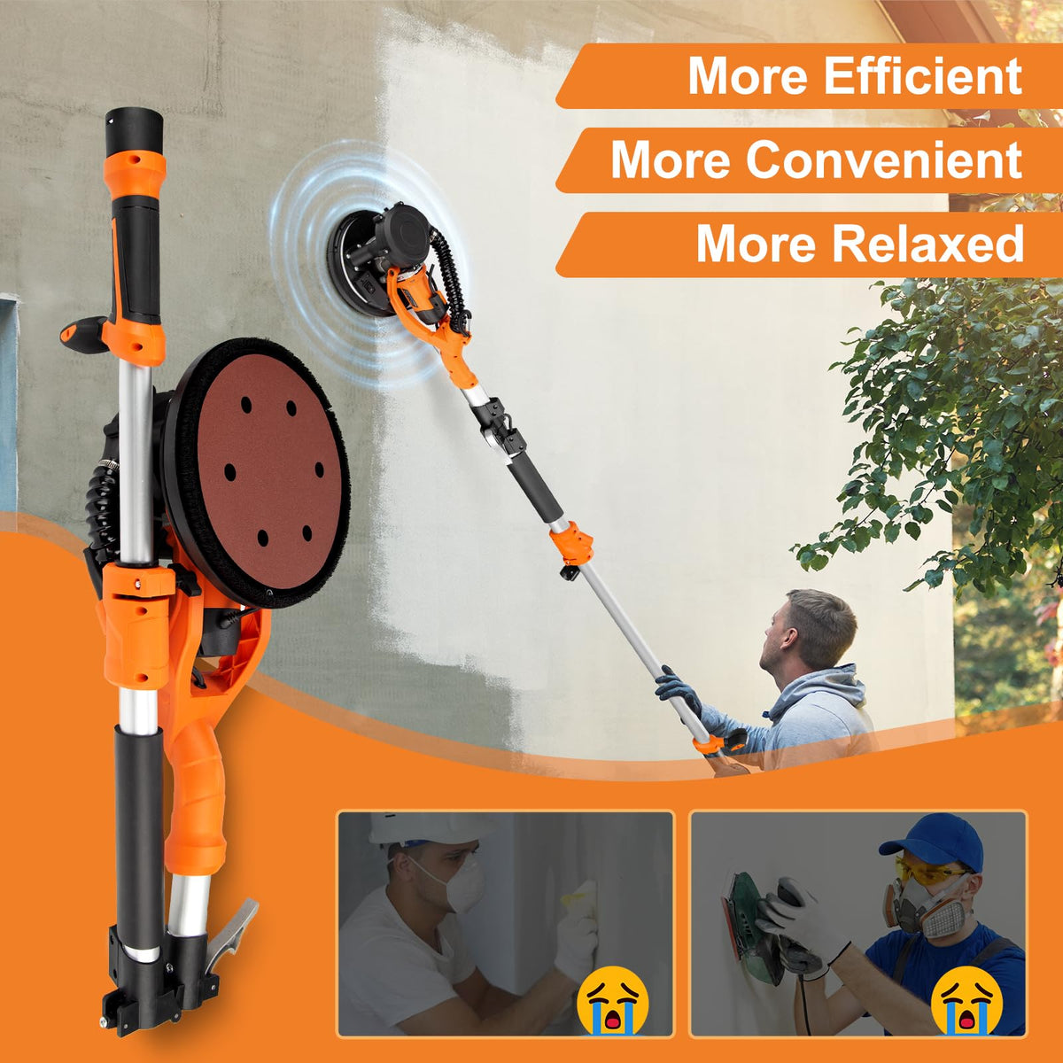 1000W Electric Drywall Sander With 4.9 Ft To 6.2 Ft Extension Pole And 15 Sanding Discs