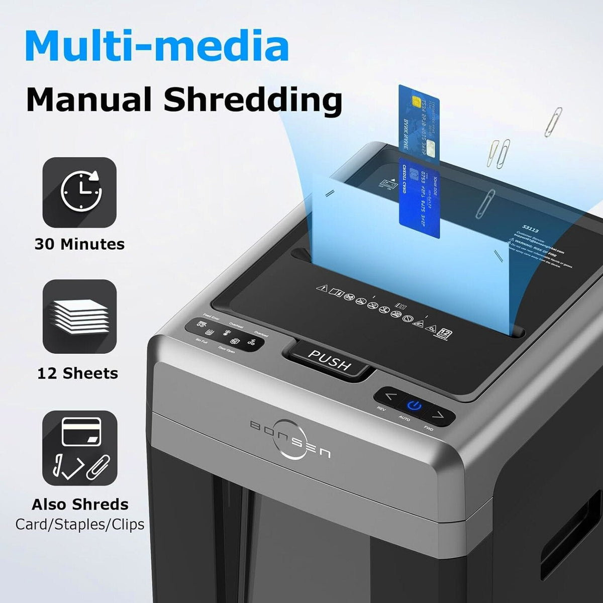 BONSEN 300-Sheet Auto Feed Paper Shredder, 60 Min, P-4, 8.1 Gal, Quiet