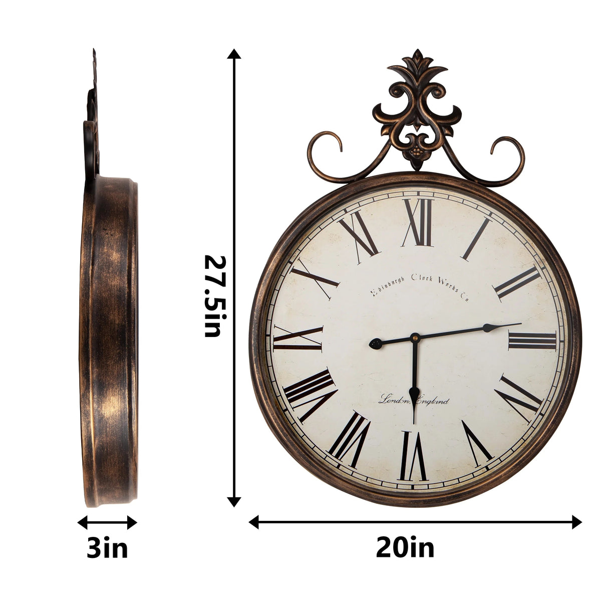 Large Antique Wall Clock, 21 Inch, Bronze-Gold Or Bronze, 27.5 x 20 in / 31.49 x 23.62 in