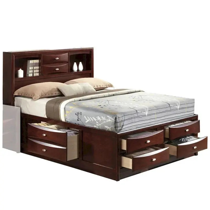Panel-Style Queen Bookcase Bed With Drawers - Brown