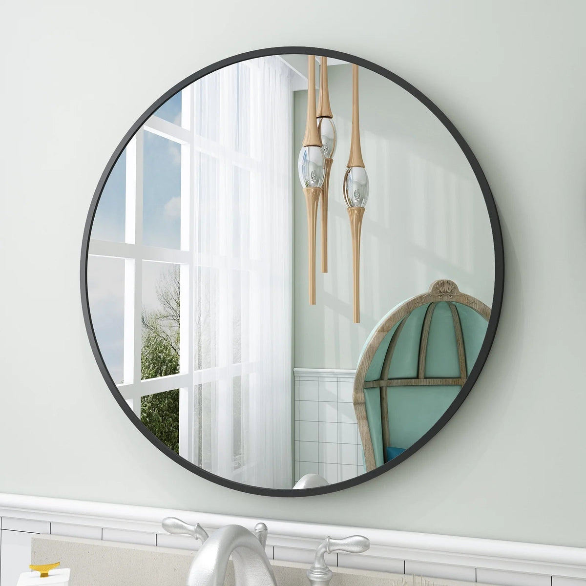 Round Metal Black Frame Bathroom Vanity Mirror - Wall Mounted