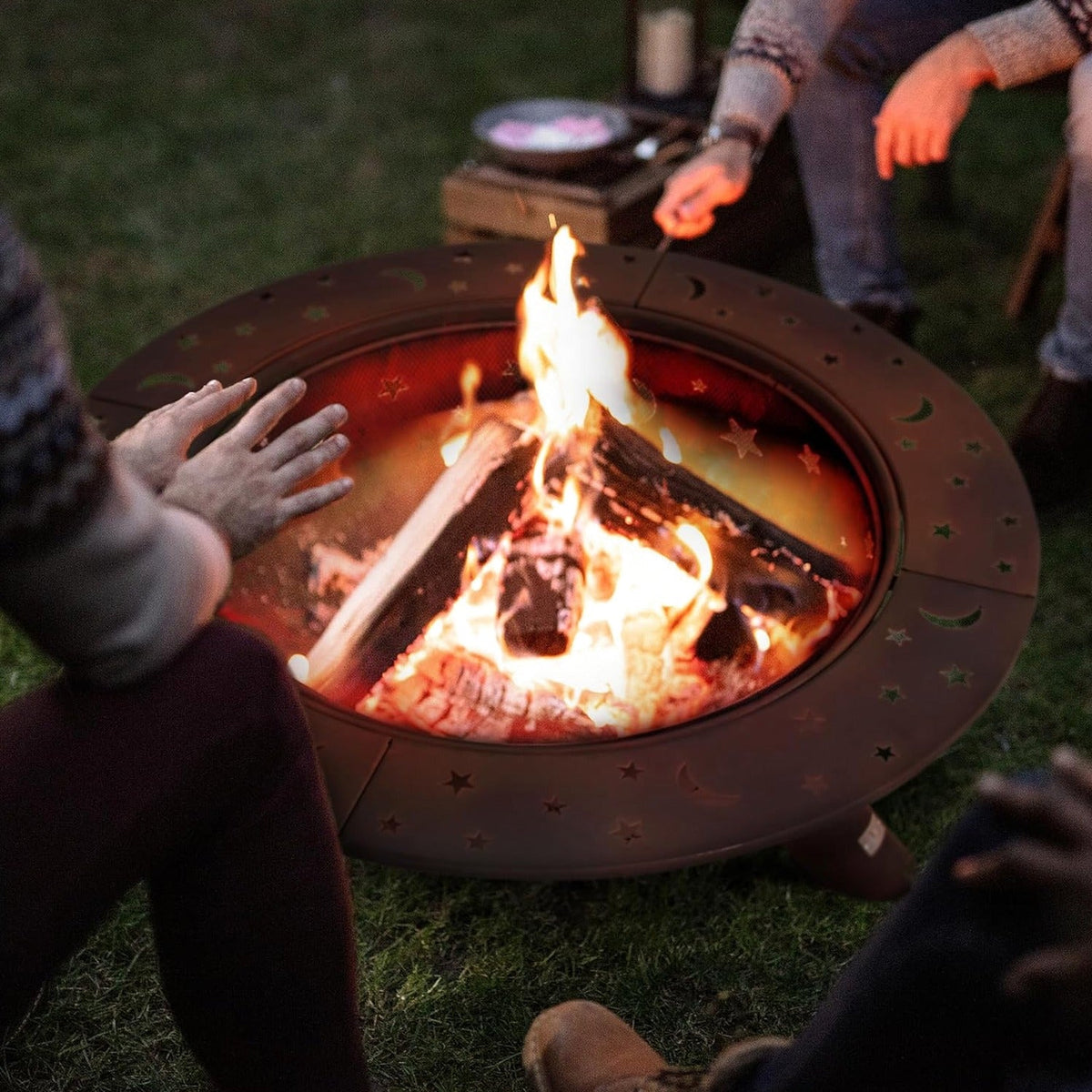 SUNCREAT 42” Patio Fire Pit Wood Burning with Mesh Spark Screen, Bonfire Outdoor firepit with Fireplace Poker, Black