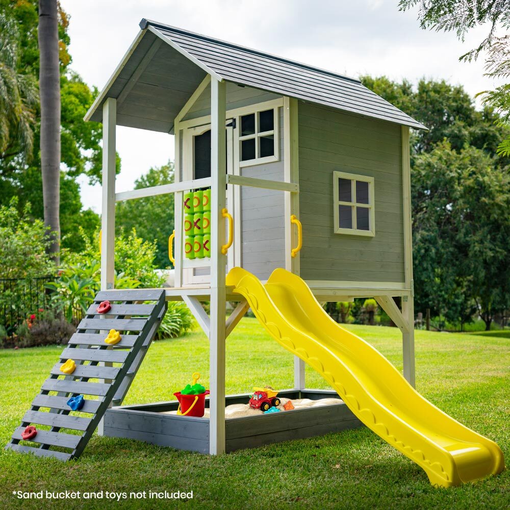 Rovo Kids Wooden Tower Cubby House, Grey, 236 x 176 x 248cm, With Slide, Sandpit And Climbing Wall - PLYCBHRV4GYA