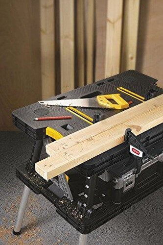 Keter ?C 197283 Folding Table Work Bench for Miter Saw Stand Woodworking Tools and Accessories with Included 12 Inch Wood Clamps ?C Easy Garage Storage Black/Yellow