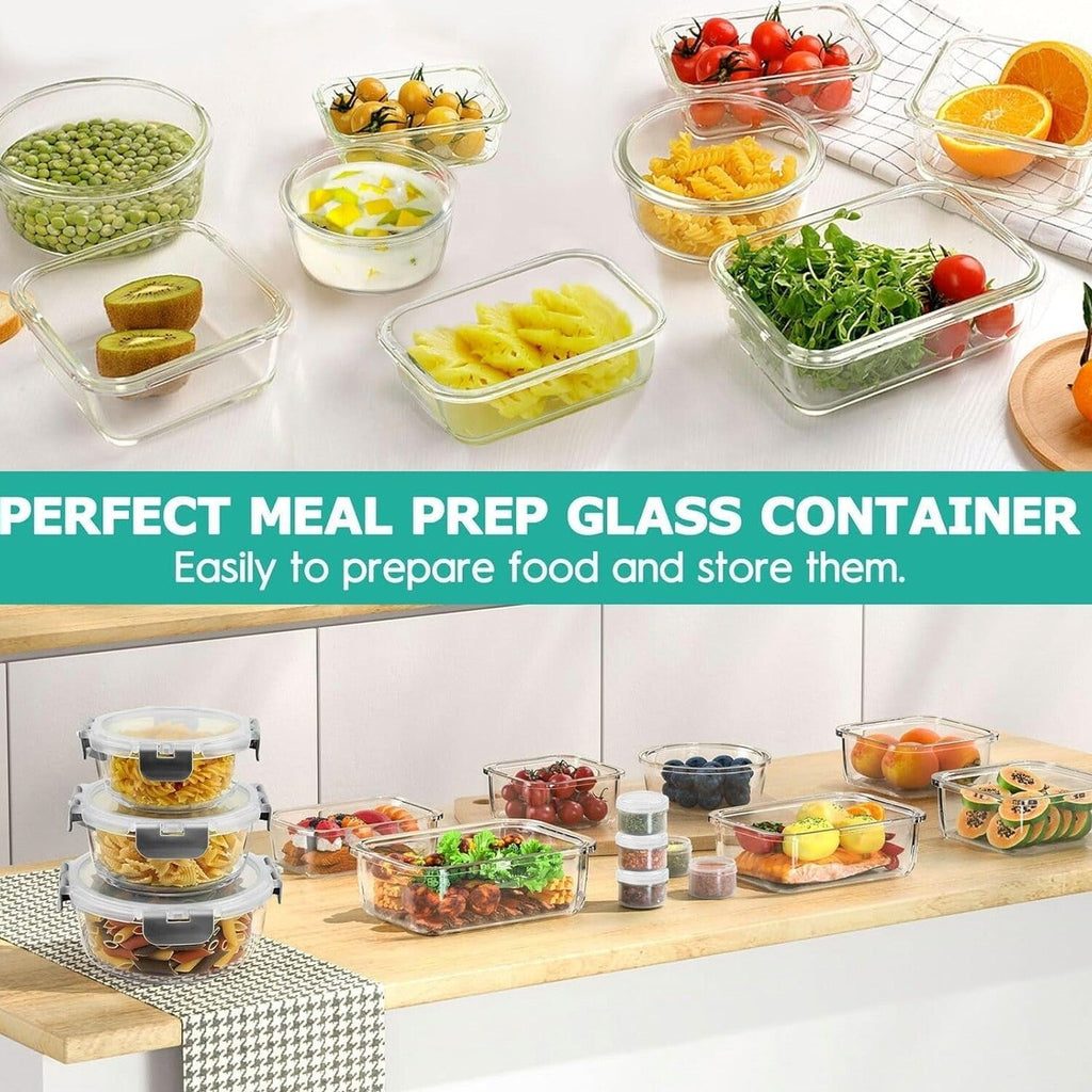 34pcs Glass Food Storage Containers with Lids Set, Airtight Meal Prep Containers (17 Containers &amp; 17 Lids), Grey