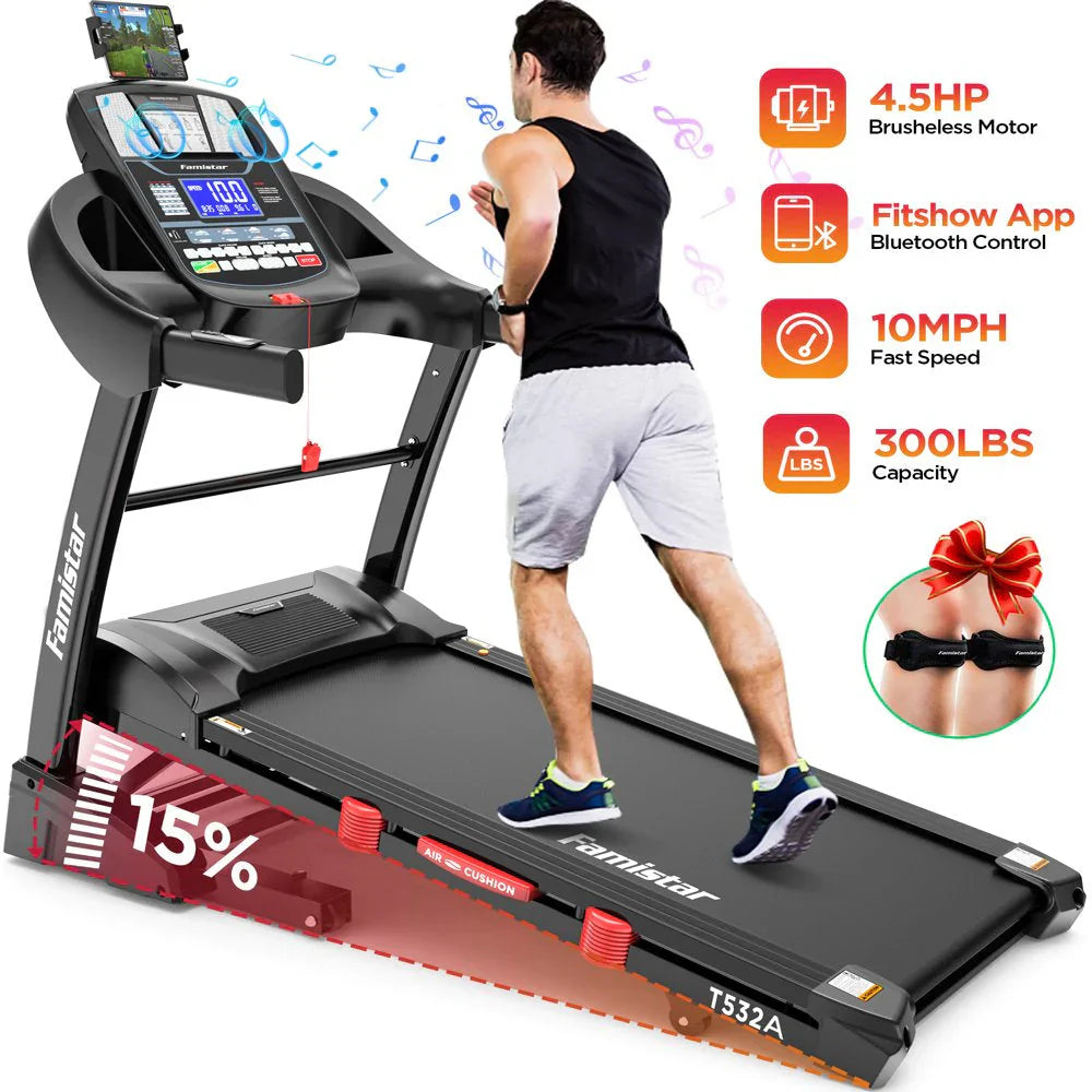 Famistar Foldable Treadmill, 4.5HP, 15 Auto Incline Levels, 10 MPH, 300 lbs Capacity