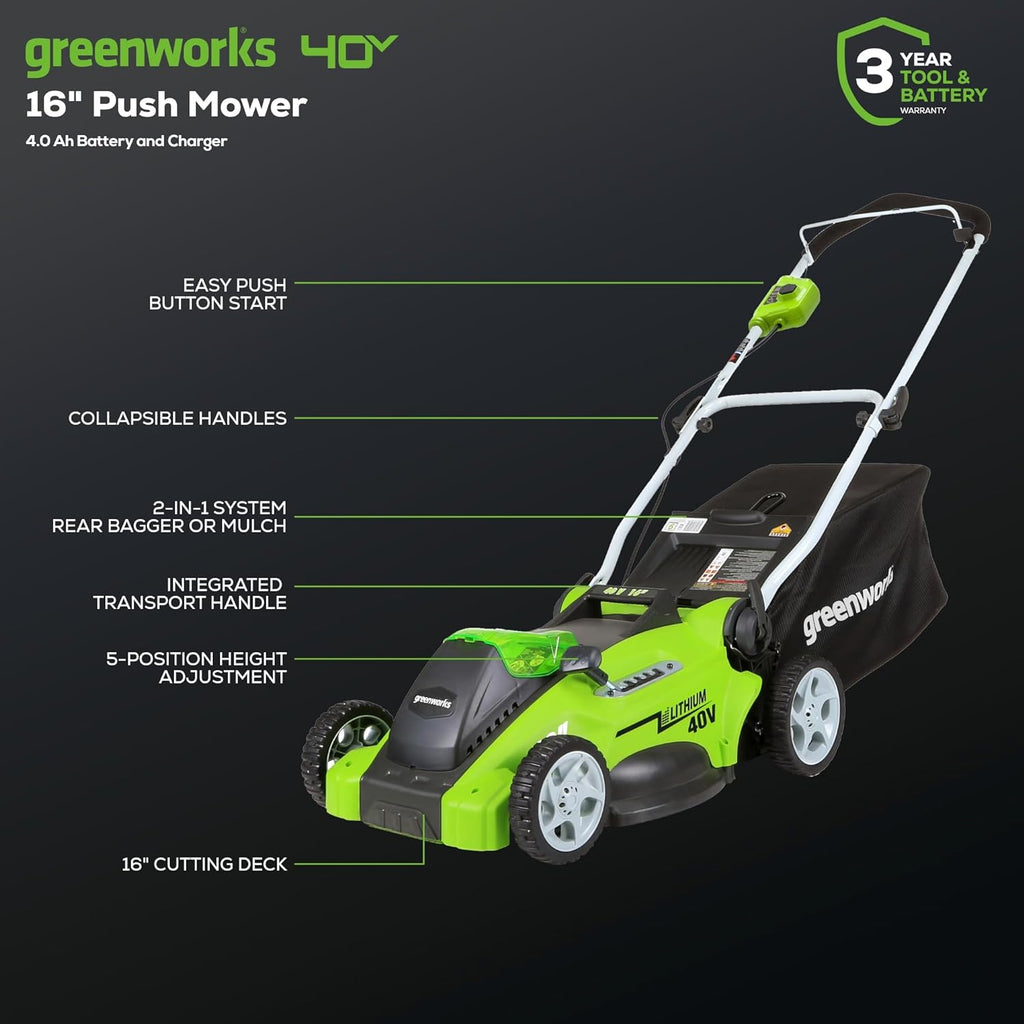 Greenworks Cordless Lawn Mower 40V 16in 4.0Ah Battery And Charger - 45Min Runtime