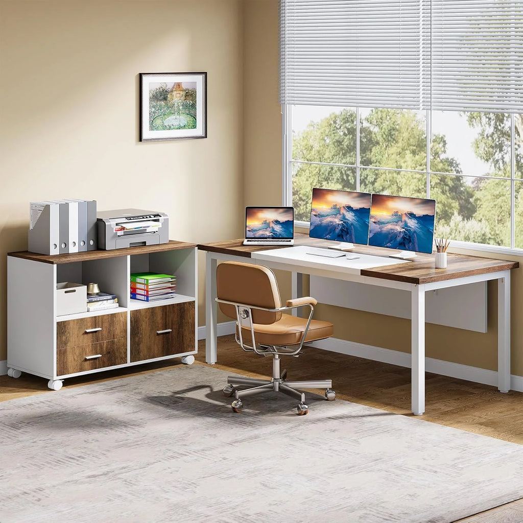 L-Shaped Computer Desk With Drawer Cabinet, 63 Inches, 2 Piece - Gray