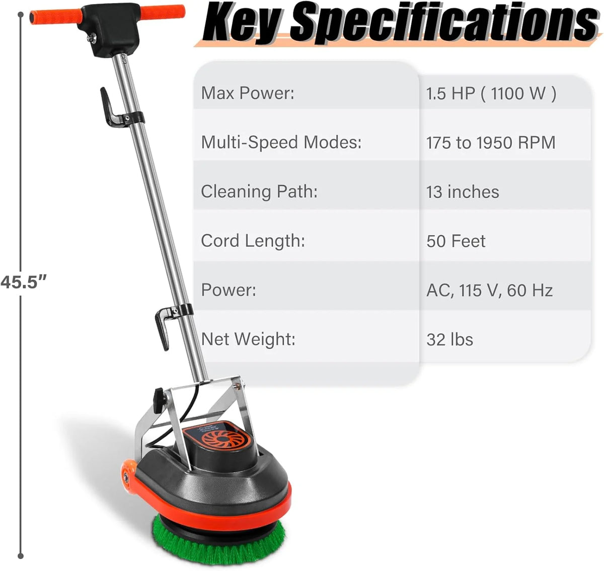 HHQ Commercial Orbital Floor Scrubber Buffer Polisher, 1.5 HP, 1100 Watts, 50-Foot Cord - Floor Scrubber-B
