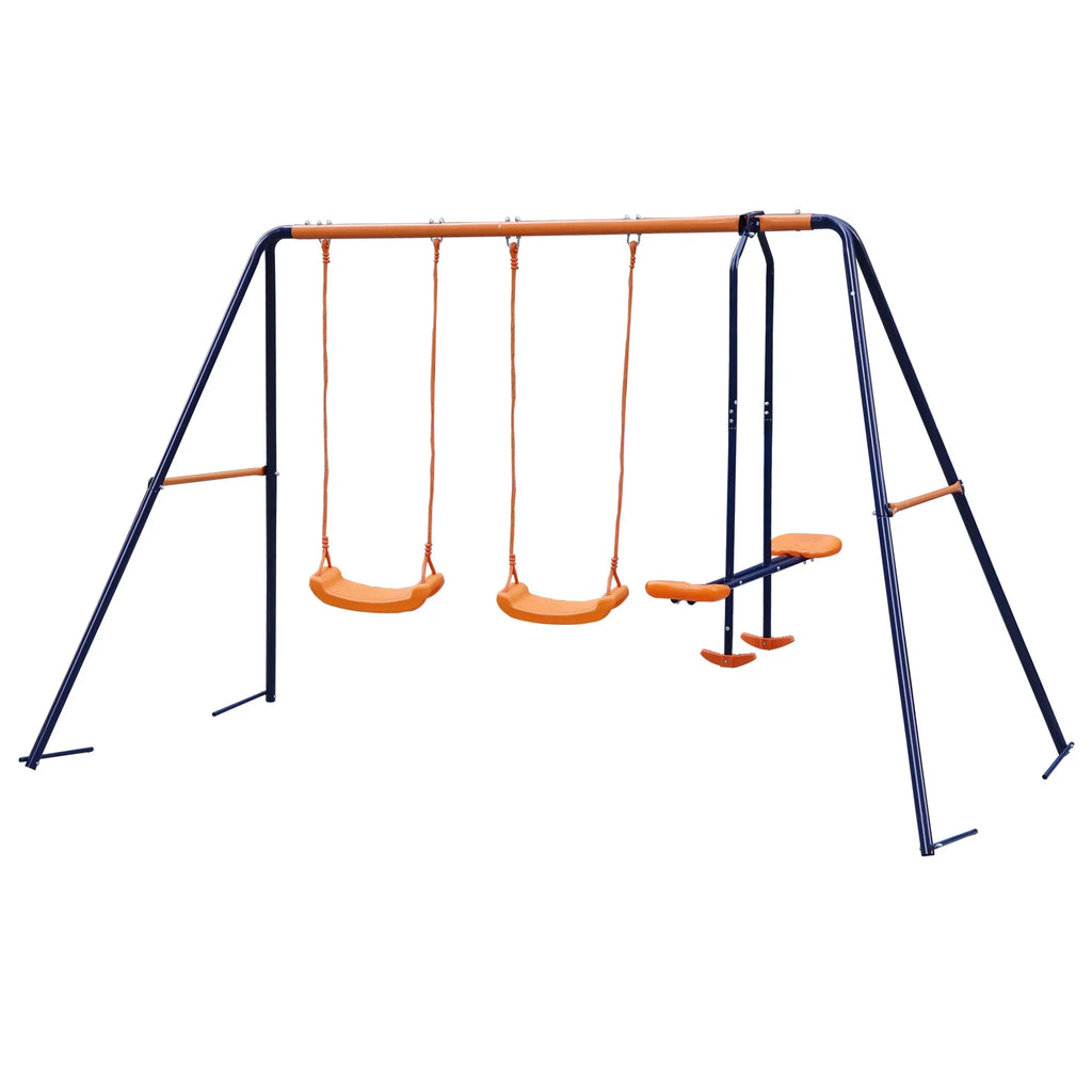 ZenSports Outdoor Double Kids Swing Set With 2 Seats And 1 Glider, Blue And Orange, 440lbs Capacity