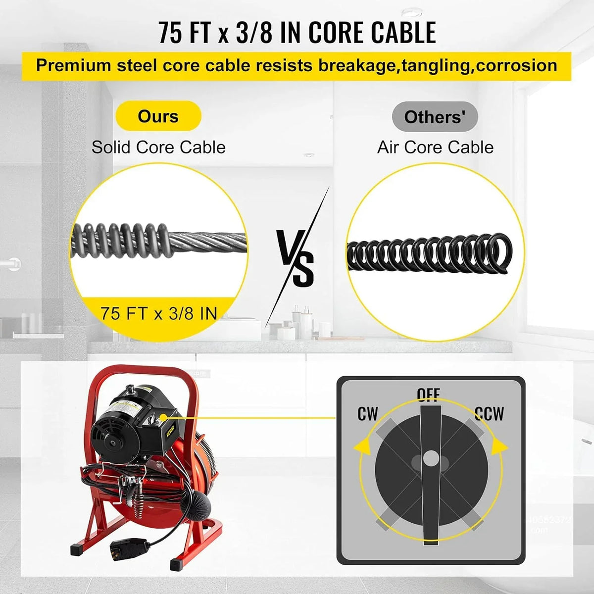 Brand Electric Drain Cleaner Machine, 75 Ft x 3/8 Inch, Fits 1-4 Inch Pipes, 4 Cutters