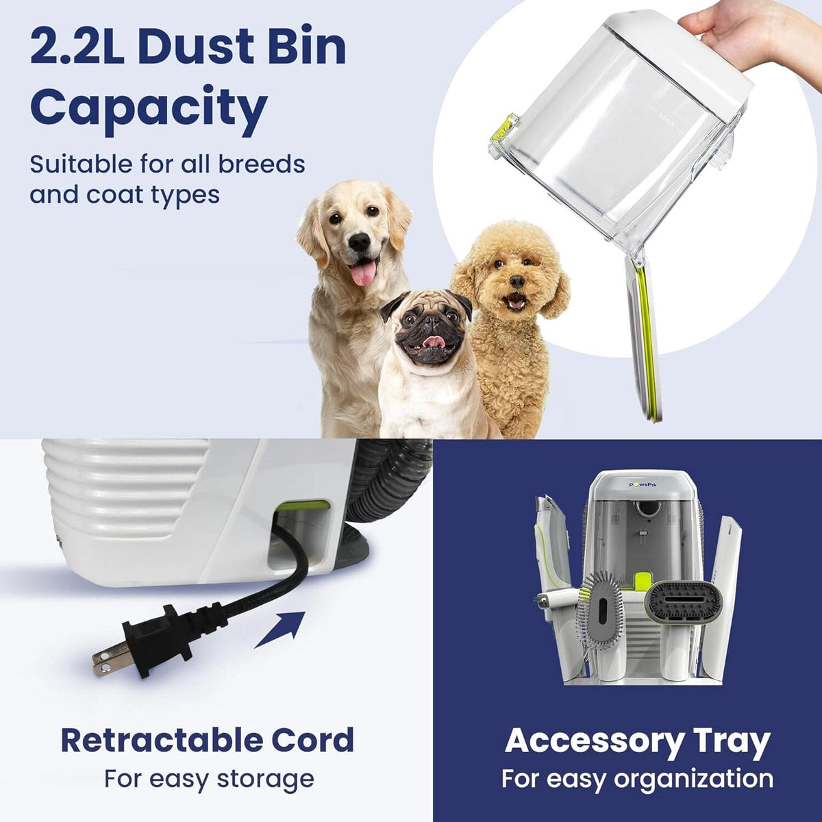 Professional Pet Grooming Vacuum Kit, Dogs &amp; Cats, Direct Handheld Control, 7 Grooming Tools, 6 Suction Levels, Large 2.2L Dust Bin, UL, HEPA Filter