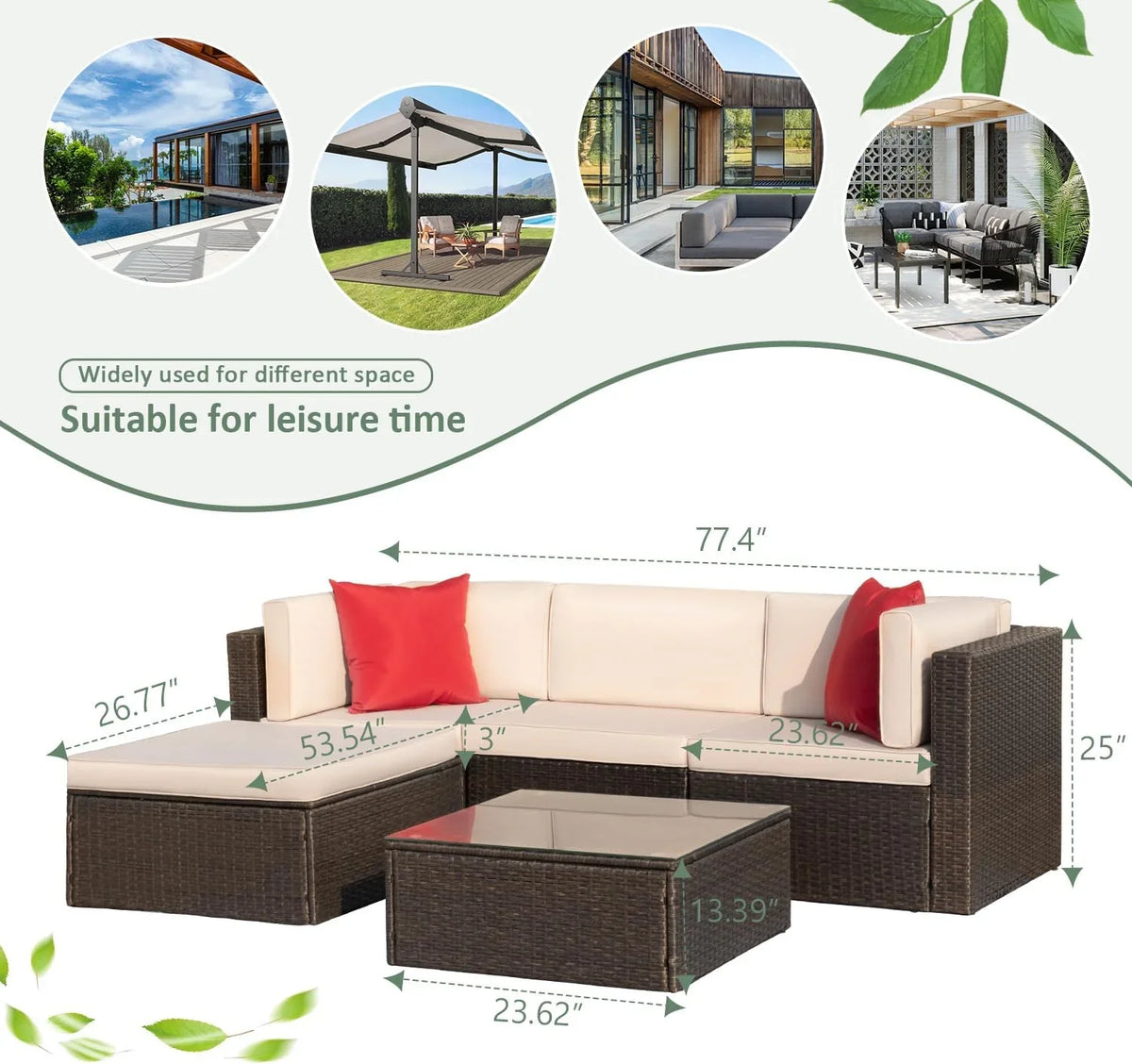 Devoko 5-Piece Outdoor Sectional Patio Sofa Set With Cushions And Glass Table - Beige