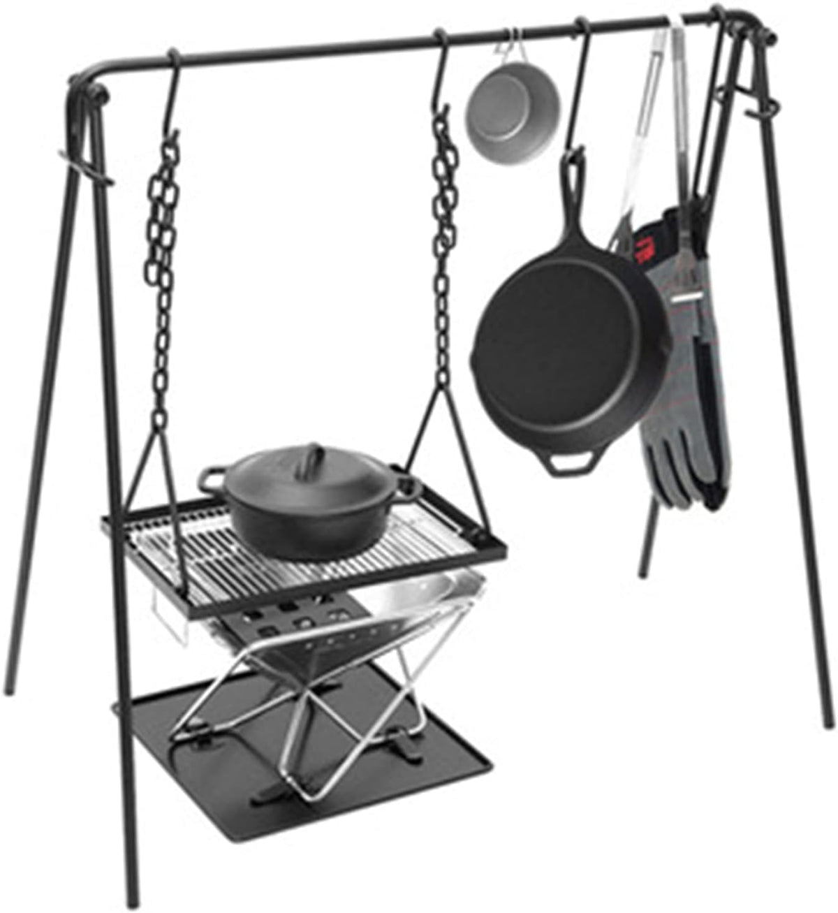 Campfire Cooking Grill Stand With Hooks And Accessories Bag, Black, 90x57x87cm