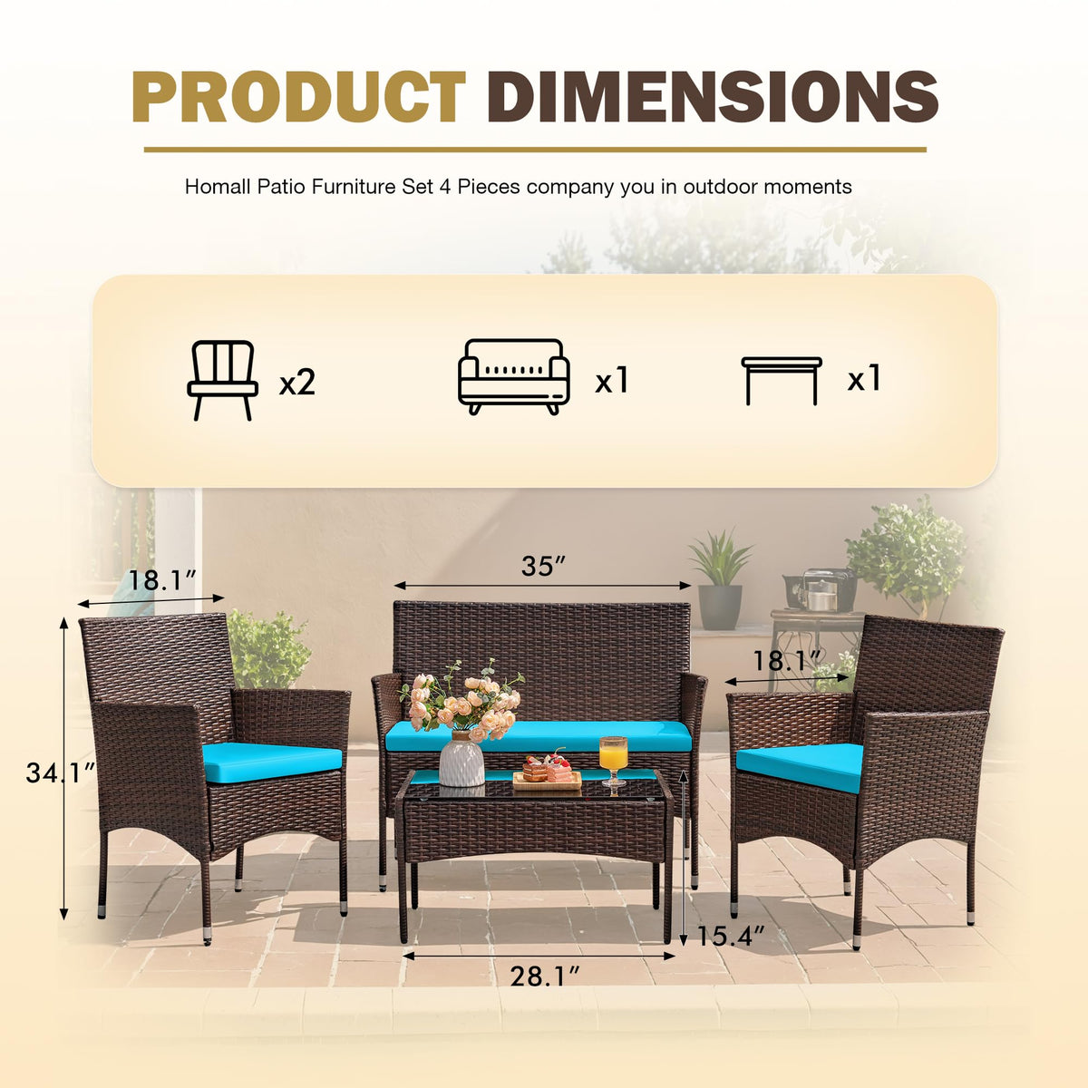4-Piece Outdoor Patio Furniture Set With Rattan Wicker Chairs, Loveseat And Glass-Top Table