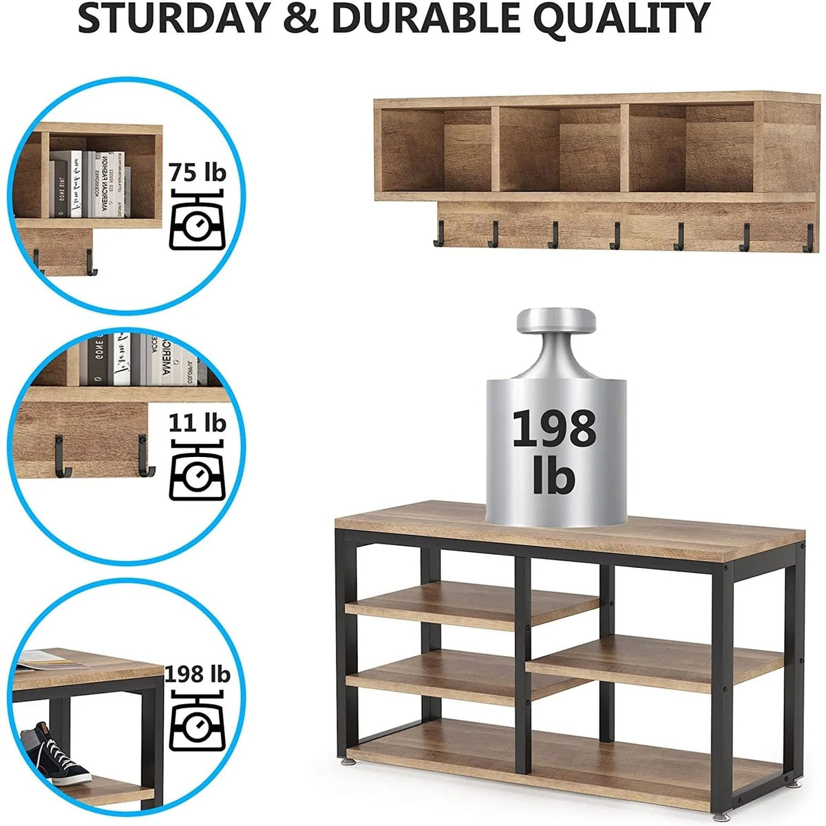 5-in-1 Entryway Hall Tree With Coat Rack, Shoe Bench, 7 Hooks, 3 Cubbies And 3-Tier Shoe Rack