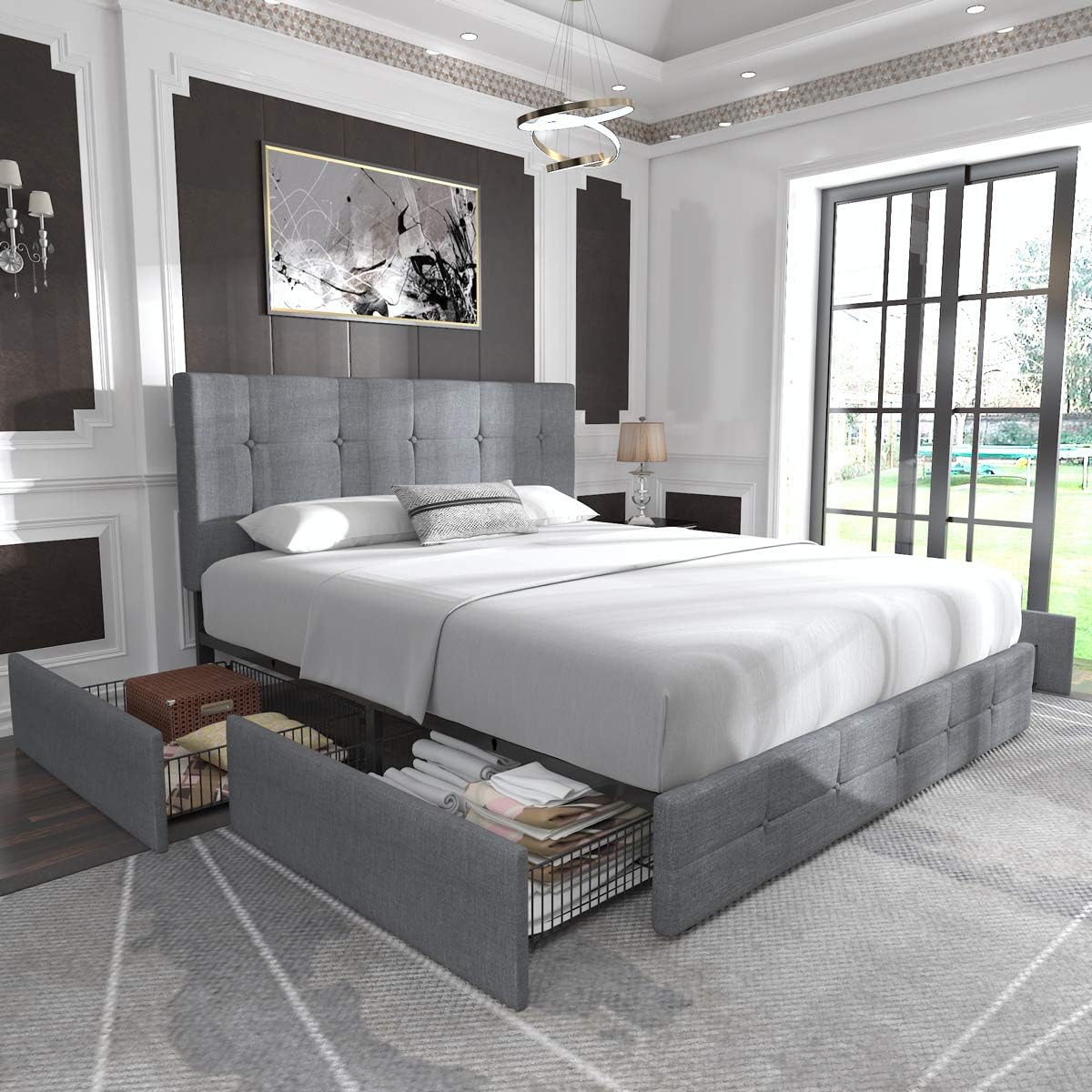 Allewie Upholstered Queen Platform Bed Frame With 4 Storage Drawers And Adjustable Headboard