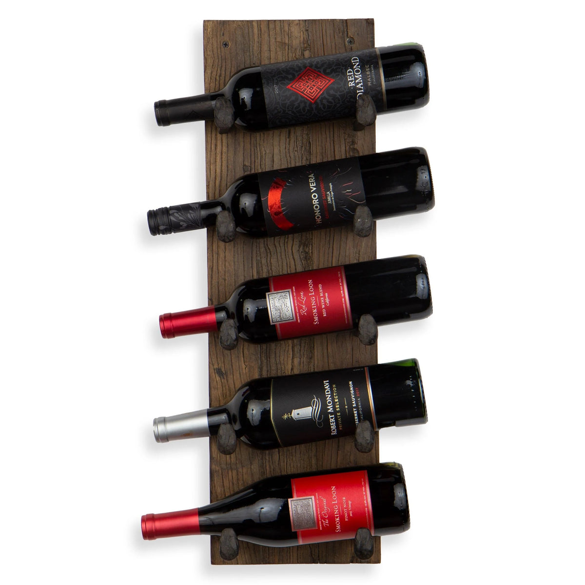 5 Bottle Wood Wall-Mounted Wine Rack, Walnut, 24in W - 10 Cast Iron Hooks