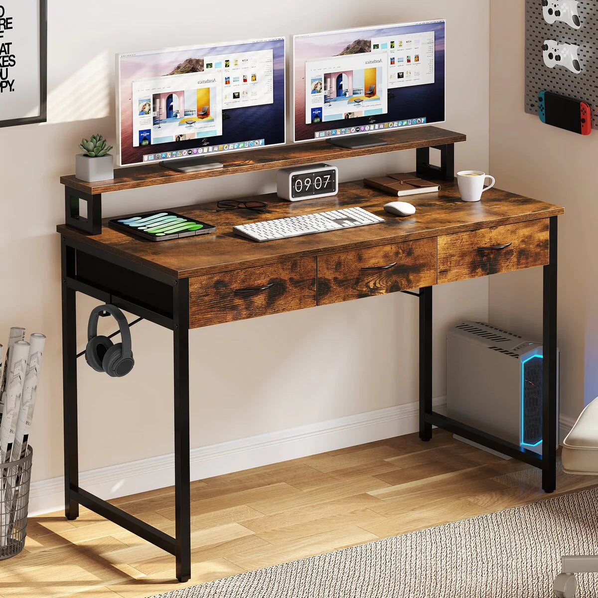 Computer Desk With 3 Fabric Drawers And Monitor Stand