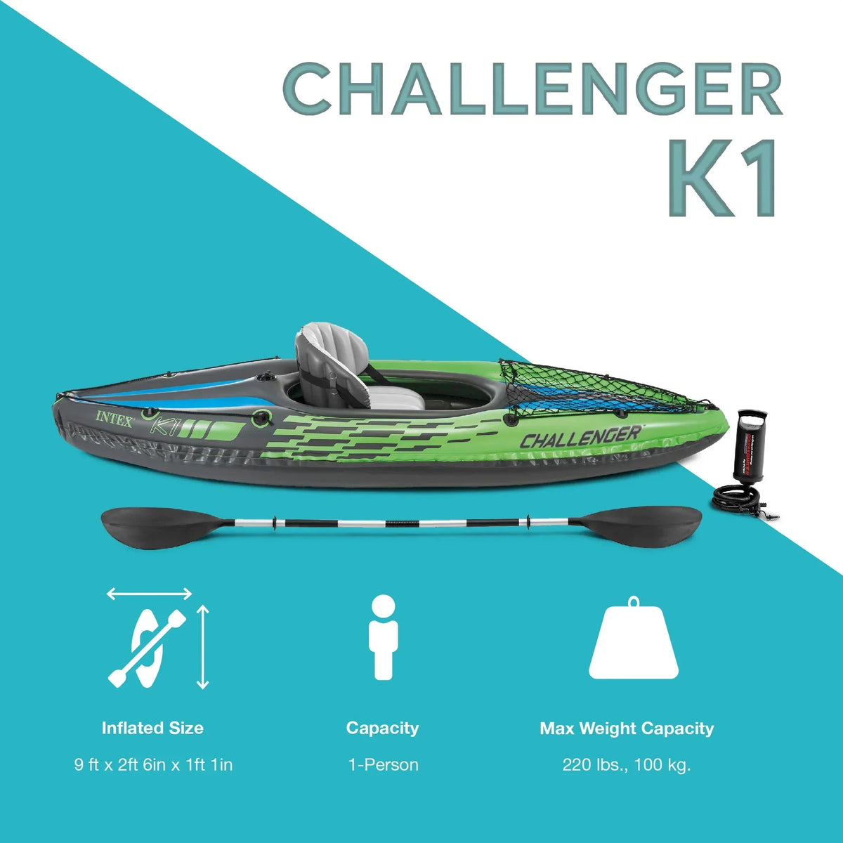 Intex Challenger K1 1-Person Inflatable Fishing Kayak Set, 108 x 30 x 13 Inches, 220-Pound Capacity