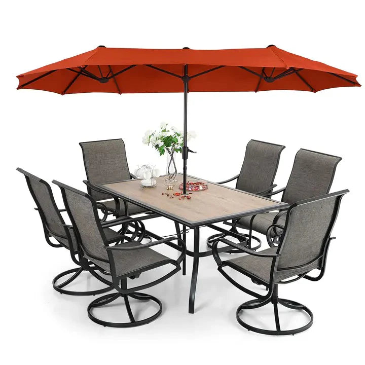 Patio Dining Set With Umbrella And 6 Sling Dining Swivel Chairs, 8-Piece - 60 x 37.4 x 28 Inches