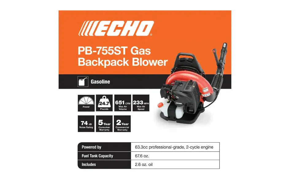 ECHO Gas 2-Stroke Cycle Backpack Leaf Blower 233 MPH 651 CFM 63.3cc - PB-755ST