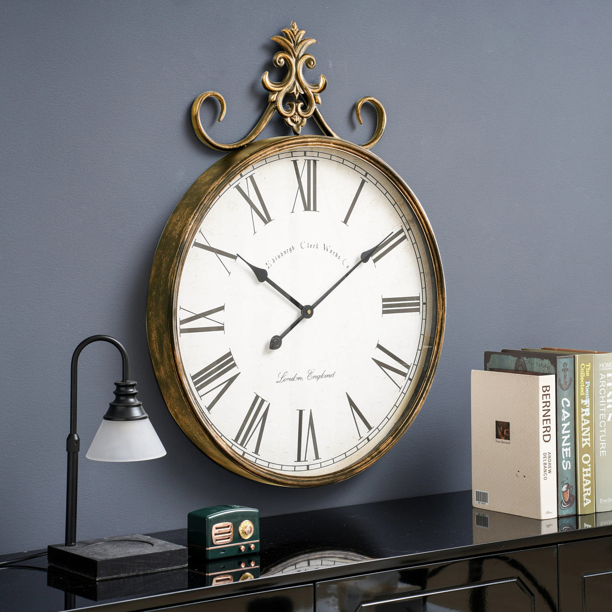 Large Antique Wall Clock, 21 Inch, Bronze-Gold Or Bronze, 27.5 x 20 in / 31.49 x 23.62 in
