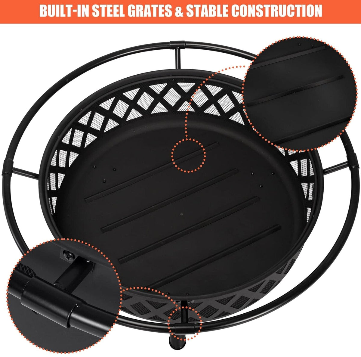 SUNCREAT 42” Patio Fire Pit Wood Burning with Mesh Spark Screen, Bonfire Outdoor firepit with Fireplace Poker, Black