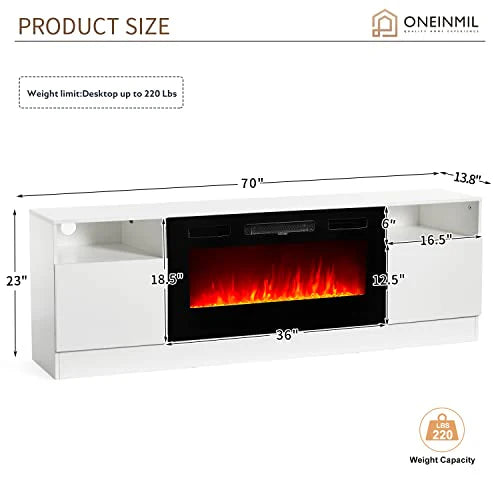 Oneinmil Fireplace TV Stand, 70in L x 13.8in W x 23in H, White - 36in Electric Fireplace